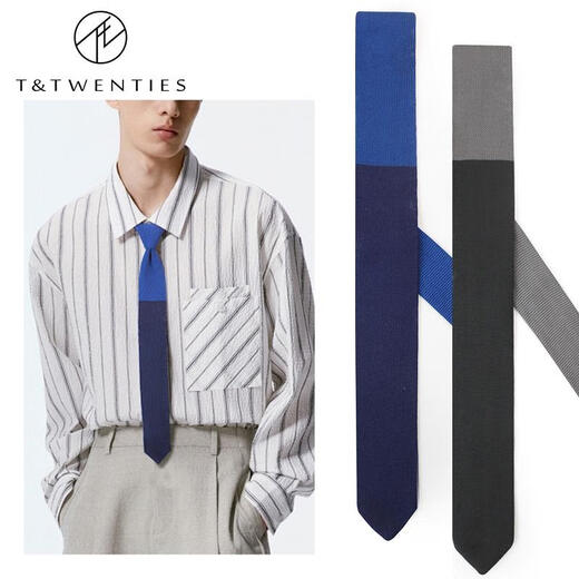 T&Twenties拼色针织领带男/女款配饰5.5cm窄英伦学院风休闲细手打蓝色灰色黑 【领带+领带夹】AZ361-CS105_黑_