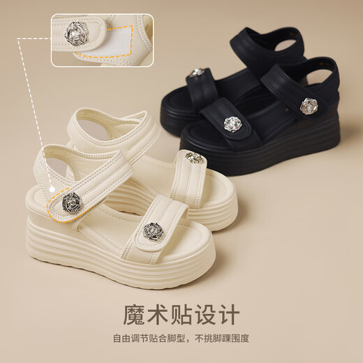 ZHR thick sole high heel sandals for women wearing high-rise soft sole heeled casual women's shoes CE37 black 36