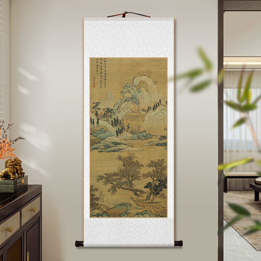 Chengliu Ming Shen Zhou <Qingjiang Informe de residencia aislada> Pinturas colgantes de desplazamiento Nuevo chino Pinturas de decoración de paisaje Sala de estudio Sala de té Mural 12083: Imagen tropical Tamaño general: 41*102cm Seda de mocas blancas lácteos