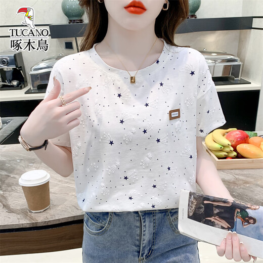 Woodpecker pure cotton loose printed T-shirt for women's trendy summer new versatile T-shirt top 1396# white S suitable for 80-99Jin [Jin equals 0.5 kg]