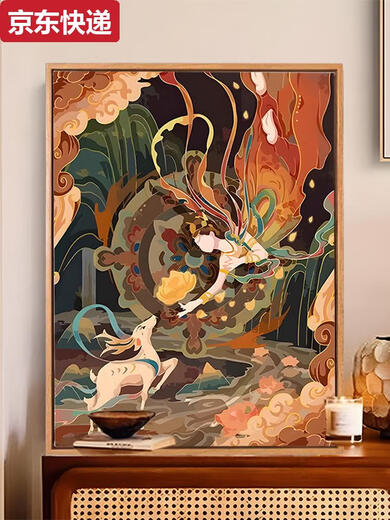 接运猫敦煌瑞兽数字油画diy填涂色手工绘九色神鹿凤凰丙烯油彩装饰挂画 J1381神鹿 IY套装专业画布+多支画笔+高亮颜