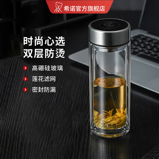希诺（HEENOOR）玻璃杯双层隔热高硼硅杯子家用喝水男女便携车载水杯商务茶杯 E-6636-深蓝-400ml-礼盒装