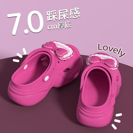 WCZ German bow hole shoes for women in summer wear thick sole to increase the feeling of heightening and anti-slip cute and versatile beach and beach Rose Red 35 -36_(suitable for 35-36 feet)