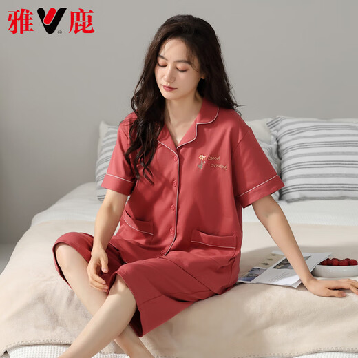 
Yalu Light Luxury New Pajamas for Women in Summer Thin Pure Cotton Short Sleeve Cropped Pants Home Clothing Women's Summer Outdoor Set 9898 M [80-100Jin [Jin equals 0.5 kg]]