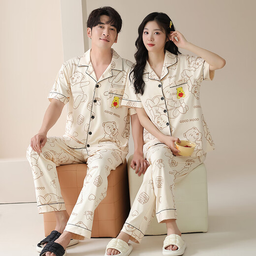 LangSha couple pajamas for one man and one woman, summer pure cotton thin section 7A antibacterial and anti-mite short-sleeved trousers, cardigan, casual home wear 6229 XL female + 3XL male