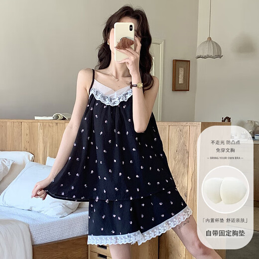 带胸垫睡衣女云朵棉夏季新款甜美花边性感吊带短裤2025年两件套 834#小花朵 L