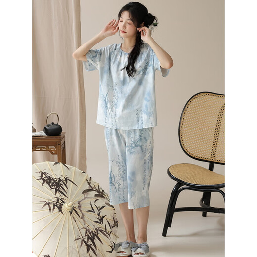 PMWRUN夏季新中式国风短袖睡衣套装女士棉家居服七分裤夏天薄款可外穿 LZY9901 M (建议75-95斤)