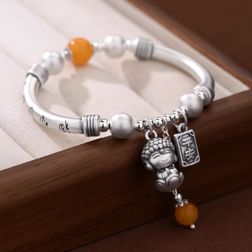 老庙黄金（Lao Miao）品牌适用古法复古国风柿柿如意手链女小弥勒佛设计女款百搭珍珠手 SL1585