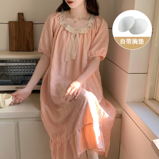 Camisón de manga corta con algodón de algodón de algodón de algodón de color sólido para mujeres en verano estilo dulce princesa suelto y se puede usar fuera de ropa casera y671# albaricoque xl