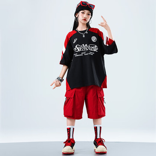 心可派儿儿童街舞演出服男童hiphop套装嘻哈街头潮牌服装男孩女童炸街走秀 两件套=A679黑短袖+B383红色短裤 150 码建议身高145CM