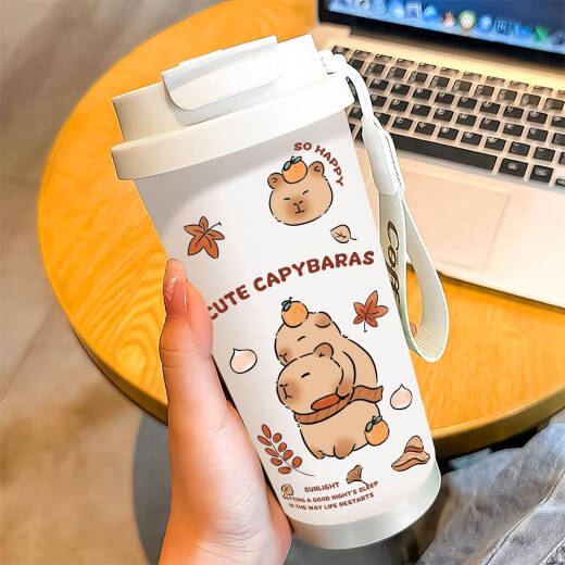 Yonghuan thermos grande capacité étudiant portable double consommation de café à boire tasse nouveaux hommes et femmes paille d'eau tasse blanche - bxab13561 capybara + avec acier inoxydable longe