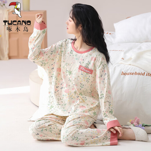 TUCANO;啄木鸟带胸垫一体国风长袖睡衣套装女棉春秋季夏冬款家居服可外穿大码 HRY1047 M (建议75-95斤)