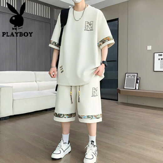 花花公子（PLAYBOY）夏季新款大码休闲运动套装男士短袖短裤两件套潮 【套装】6195：绿色 M (建议90-110斤)