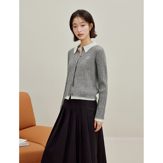 
Inman College style contrasting lapel cork knit cardigan 2025 autumn women's new long-sleeved sweater gray M