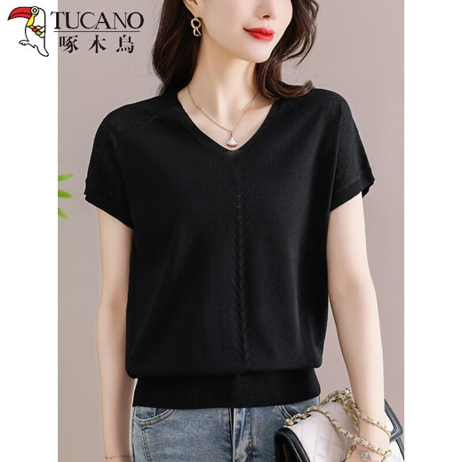 TUCANO; Woodpecker thin ice silk sweater for women 2025 new summer middle-aged mother summer short-sleeved T-shirt for women V-neck fashion shirt thin black thin S [suggested 85-100Jin [Jin equals 0.5 kg]]