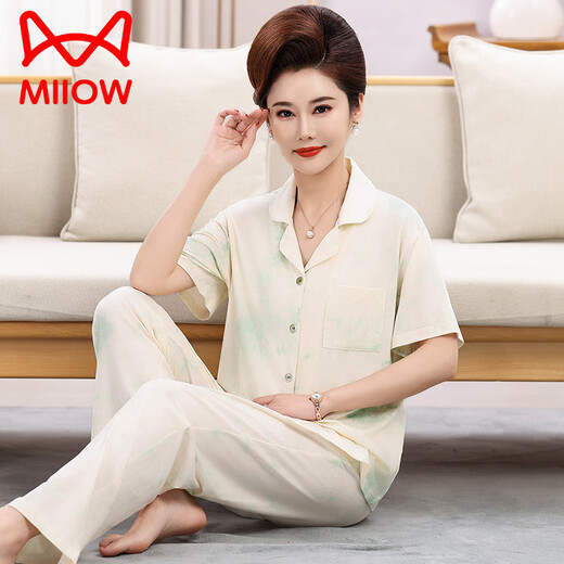 猫人（MiiOW）妈妈睡衣女士夏季薄款中老年短袖长裤套装春秋翻领大码家居服 RY9934浅莓粉 【套】 L 【推荐101-115斤】