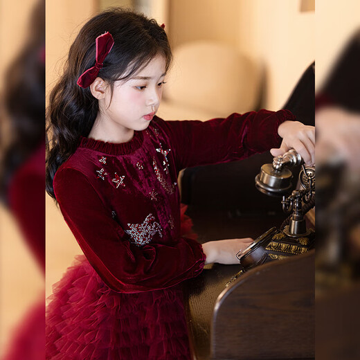 Girls Princess Dress Spring and Autumn 2025 New Spring Dress Girls Style Puffy Skirt Fashionable Children's Dress Spring 325 Burgundy Single Liner Free Pearl Headband 120 Recommended 33-40Jin Jin is equal to 0.5 kg