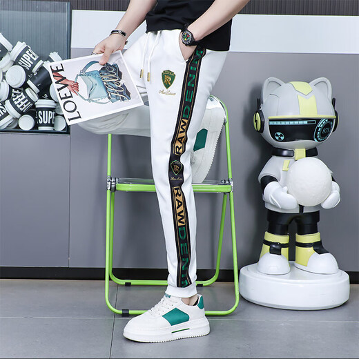 花花公子（PLAYBOY）休闲裤男士2025新款夏季潮流条纹刺绣时尚运动卫裤欧货束脚长裤 白色9926【休闲裤】 29