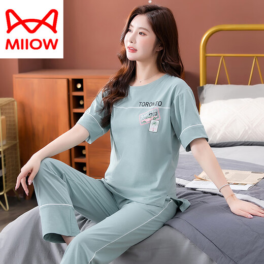 Catman (Miiow) Pyjamas für Frauen für Sommerpure Baumwolle 2025 Neue Kurzhose mit kurzärztem Hose für Hauskleidung für dünne Baumwollanzüge 7374 Bohnengrün M 80-100jin [Jin gleich 0,5 kg]