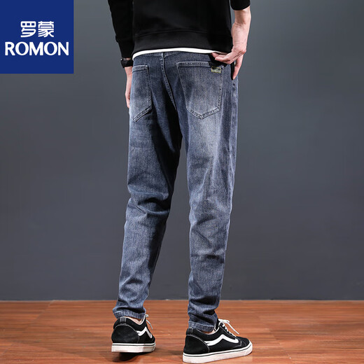Romon Pants Men's Deal Brand 2025 Summer Fin Jeans Fashion Mass's Fashion Straight Fashion Harem pantalones Black and Gray (RJS1-2209) 34 (Espera circunferencia 2 pies 7)