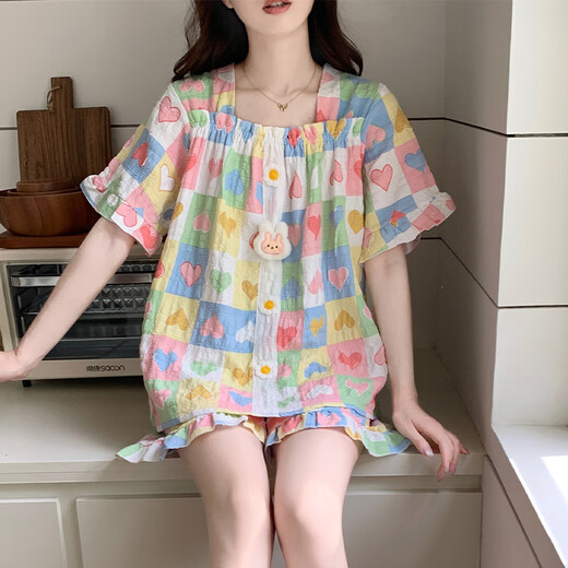 西忘2025新款睡衣女款夏季云朵棉带胸垫短袖甜美爱心可外穿家居服套装 9903-4 爱心 可拆卸胸垫 M