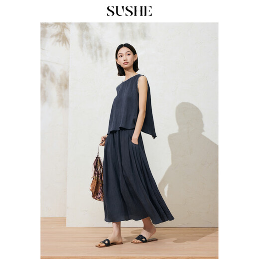 SUSHE Lingjian ethnic style embroidered sleeveless top drape skirt loose straight pants suit women summer Cenlan-top M