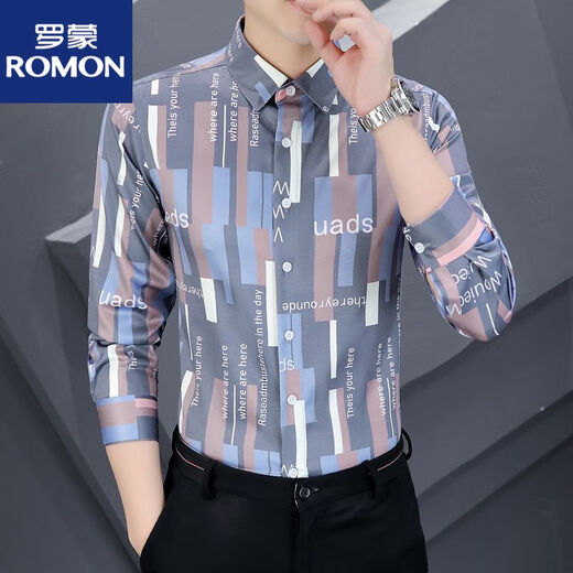 Romon Men's Light Luxury Borded Business Camiseta de manga larga Ropa informal y de pulgada de manga larga de manga larga Slim y Anti-Wrinkle
