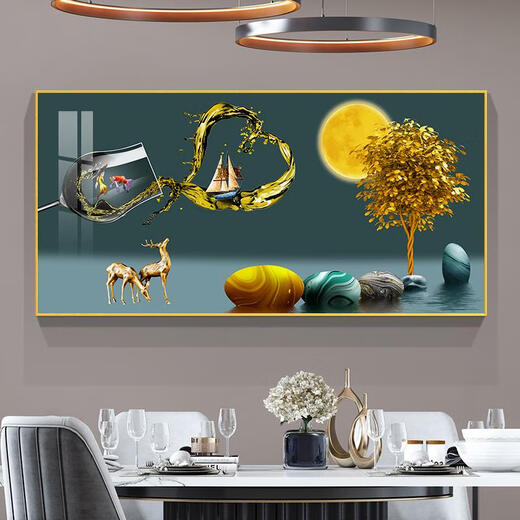 Three-April Tiger and Jiuyu Picture Restaurant Decoration Painting Light Luxury Modern Simple Dining Room Wine Glass Mural Dining Room Dining Table Background Wall Painting 01 - surplus every year 8040 Gold Frame Hand-framed Picture Frame + Light Luxury