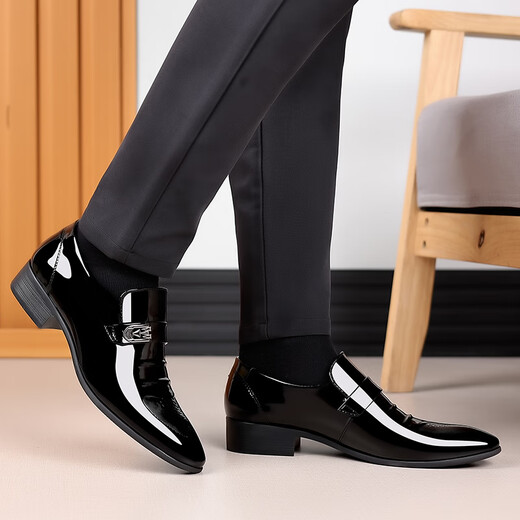 Erxu men's leather shoes suit shoes business pointy toe wedding formal wear no lace cover feet shining men's flat bottom suit hollow 9921 shining black foot cover 38