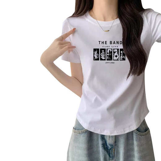 Gtyuwvg Camiseta de manga corta de algodón puro para mujeres 2025 Nuevo diseño curvado de verano y de moda top slim-slim estampado 6227 Curvado blanco Curvado S 80-100Jin [Jin es igual a 0,5 kg]