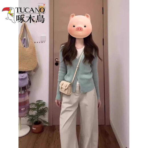啄木鸟（TUCANO）早春绿色假两件针织衫上衣开衫女2025新款慵懒高级感撞色软糯毛衣 绿色 假两件 S 建议80-95斤