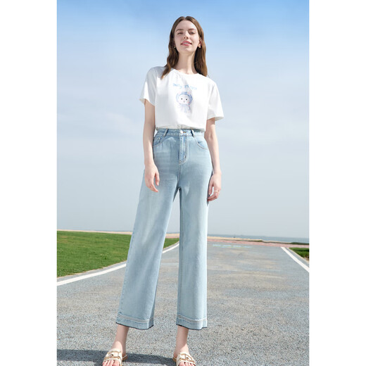 百图betu女装2025夏季新款牛仔阔腿裤棉感天丝九分裤裤子女2505X15 浅牛仔蓝 L