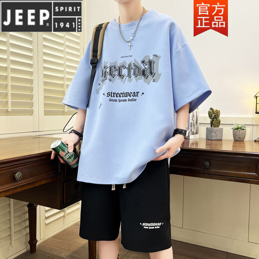 JEEP SPIRIT teen sports suit fat boy 12-15 years old junior high school students short-sleeved T-shirt 13 trendy handsome large-size summer suit TZ6630 black [short sleeves + shorts] M [75-105Jin [Jin equals 0.5 kg]]