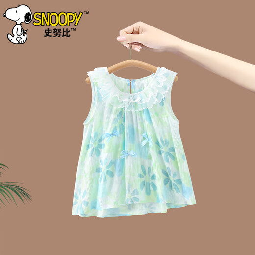 Snoopy Girls Summer Set 2025 New Medium Large Children Thin Doll Collar Summer Kids Fashionable Wide Leg Pants Two-Piece Set Green 105 Recommended Height 91-105cm