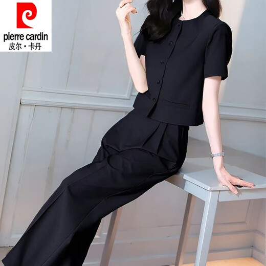 Pierre cardin fashion suit for women in summer 2025 new fashionable slim round neck short sleeve shirt straight trousers two-piece set for women 12608-green suit XL [recommended 110-125Jin [Jin equals 0.5 kg]]