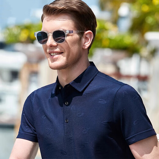 EGW International Luxury Brand Short-sleeved T-shirt Men's Summer Mulberry Silk Lapel Jacquard Solid Color Breathable Fashion Base Shirt Light Blue L /50 (175/92A)