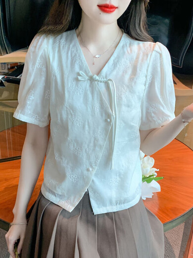 拉夏贝尔（La Chapelle）新中式国风盘扣上衣女士衬衫2025新款别致漂亮小衫夏季短袖雪纺衫 杏色 S [80-95斤]