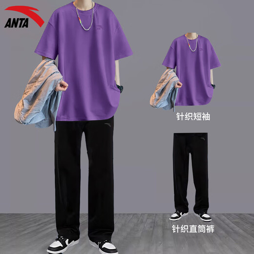 安踏运动套装男2025年夏新款纯棉短袖T恤长裤运动服青少年休闲两件套 【套装】-1纯净白 L/175