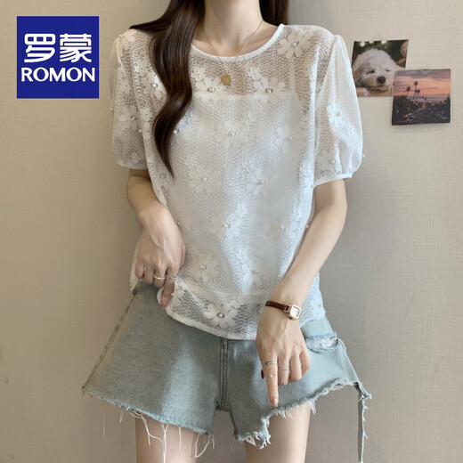 罗蒙（ROMON）2025新款女装别致钉珠蕾丝勾花镂空罩衫短袖打底吊带两件套上衣 白色 M 【80-100斤】