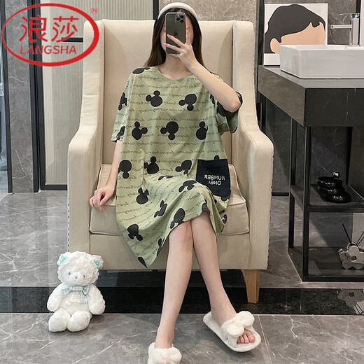 浪莎（LangSha）睡裙女夏季睡衣纯棉短袖大码胖mm200斤翠绿纯色春秋天凉感家居服 BF-1049-2-浅灰色 均码 (80-200斤)