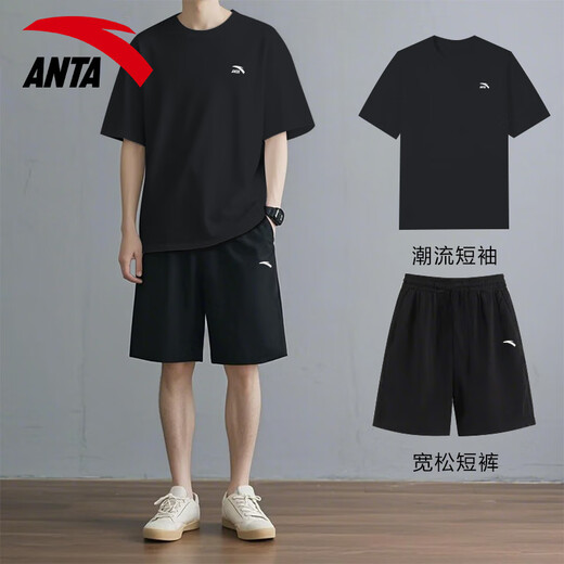 安踏休闲运动套装男夏季新款纯棉短袖T恤短裤宽松运动服青少年两件套 【套装】-1纯净白 L/175