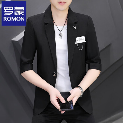 罗蒙（ROMON）小西装男修身英伦风西服男士七分袖外套夏季薄款中袖潮流韩版上衣 869黑色 3XL