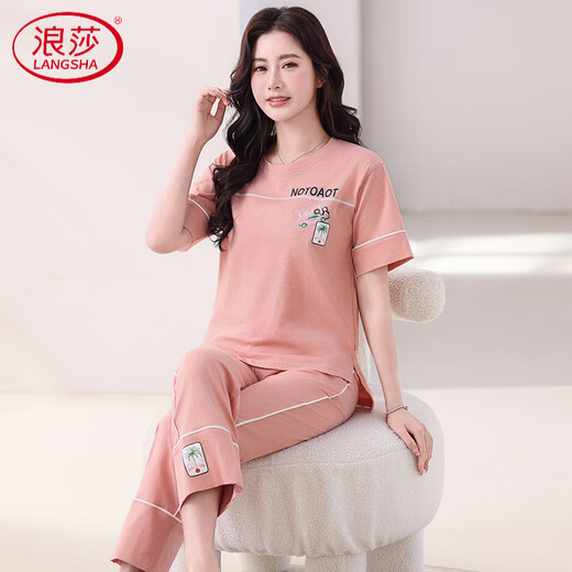LangSha Pajamas Women's Pure Cotton Short Sleeve Trousers Thin Section 2025 New Cotton Home Clothes Set Casual Can Be Weared Outside 7374 Bean Paste Powder M 80-100Jin Jin is equal to 0.5 kg