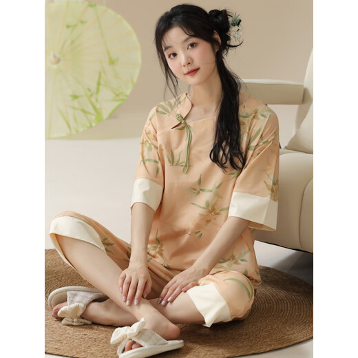 Hehui Summer Damen-Kurzärmler-Pyjama-Pyjama-Set Cotton New Chinese Style Thin Home Clothing Sie können geschnittene Hosen für den Sommer tragen LZY9901 M (vorgeschlagen 75-95jin [Jin gleich 0,5 kg])