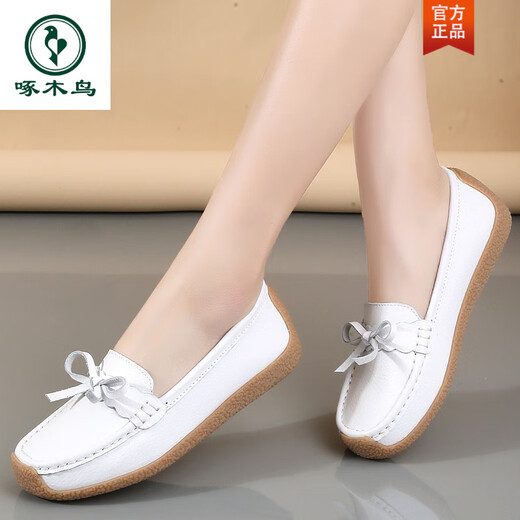 Woodpecker 2025, летние туфли на плоской подошве, мягкая подошва, туфли-бобы с мелким вырезом, повседневные туфли для мам среднего возраста, универсальные женские туфли с круглым носком, 6630, белый 35