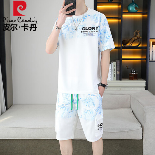 皮尔卡丹（pierre cardin）2025夏季新款短袖套装男青年百搭短裤休闲运动两件套渐变色男装 6187蓝色 XL 【适合120-140斤】