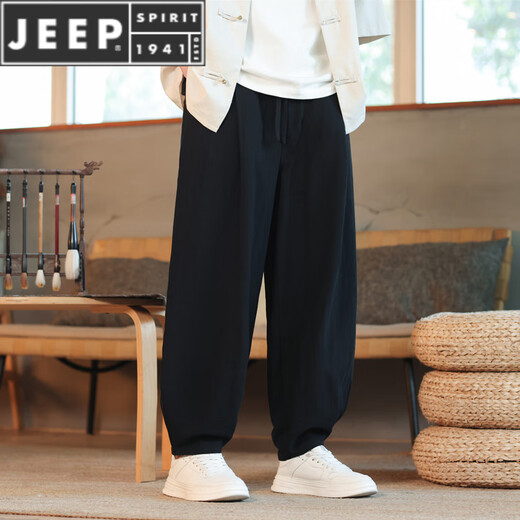 Jeep Spirit Leinen Casual Hohose Herrenhosen Chinesische Baumwolle und Leinenblüten Fett lose Hosen Weitbein-Hosen Khaki + Grau 4xl