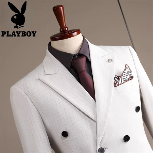 Playboy 2025 Winter New White Suit Suit Men's Business Formal Fit Stripe Suit Wedding Engagement Dress Morning Mist Gray Three-piece Suit 4XL 58