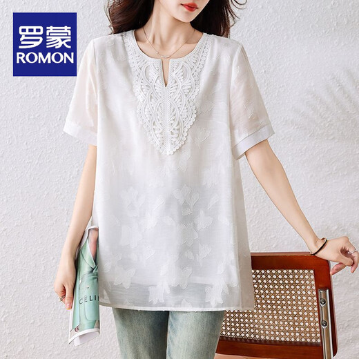 Romon (Romon) 2025 Sommer Neues cooles und atmungsaktives Chiffon-Hemd für Frauen im Sommer Frauen loser Jacquard Lace Spleißen T-Shirt Bildfarbe [Folgen Sie dem Geschäft und geben Sie dem Versand Priorität] L empfohlen 90-110jin [Jin gleich 0,5 kg]