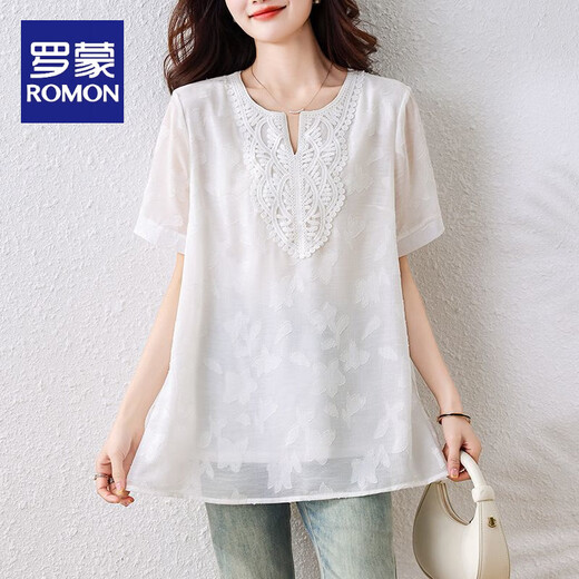 Romon (Romon) 2025 Sommer Neues cooles und atmungsaktives Chiffon-Hemd für Frauen im Sommer Frauen loser Jacquard Lace Spleißen T-Shirt Bildfarbe [Folgen Sie dem Geschäft und geben Sie dem Versand Priorität] L empfohlen 90-110jin [Jin gleich 0,5 kg]